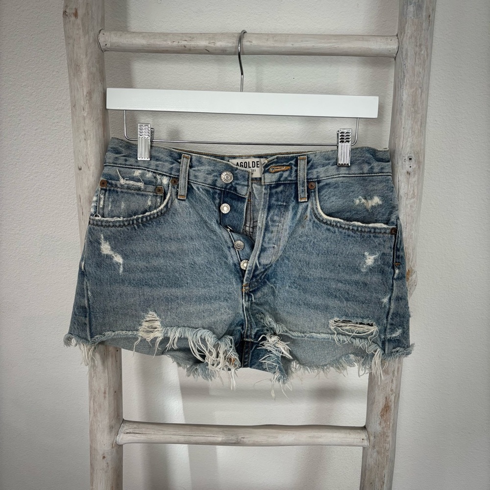 Agolde Frayed Hem Jean Shorts - Light Blue